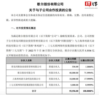 歌尔股份、米哈游、三七互娱联合开展5.5556亿元创业投资，企业自有资金注入新活力